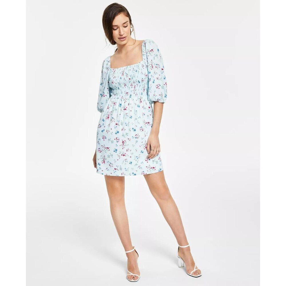 Bar III Womens Medium Floral Printed Smocked Convertible Mini Dress in Blue $99